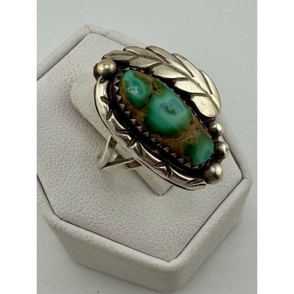 Vintage Betty Thomas Sanel Navajo Sterling Silver 925 Turquoise Leaf Ring - Picture 1 of 8